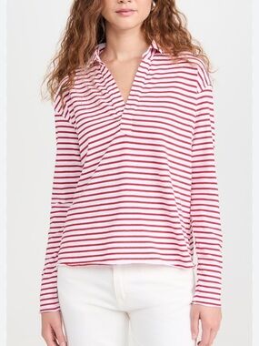 Frank & Eileen Patrick Long Sleeve Popover Henley in Red and White Stripe  M